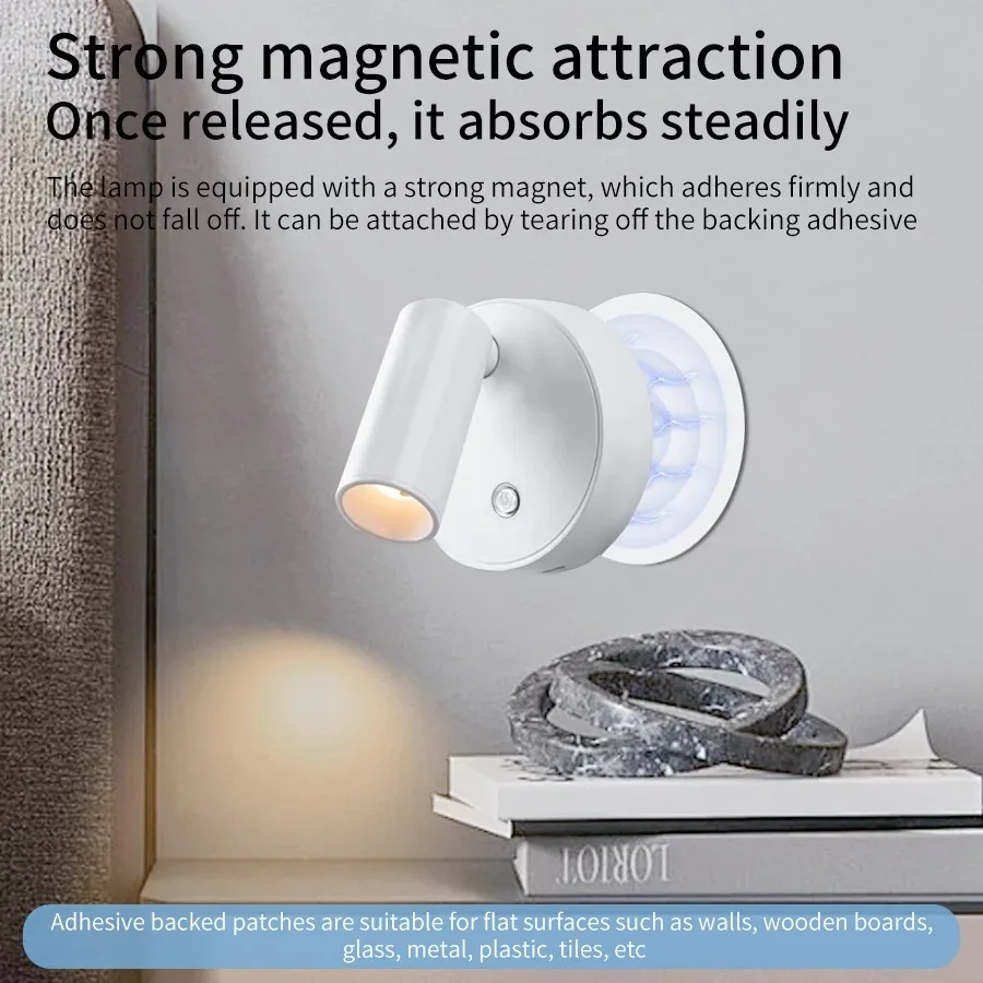 Mini Rechargeable Wall Light Black White Simple Three Color Adjustable Bedroom Bathroom Doorway LED Wireless Magnetic Spotlight