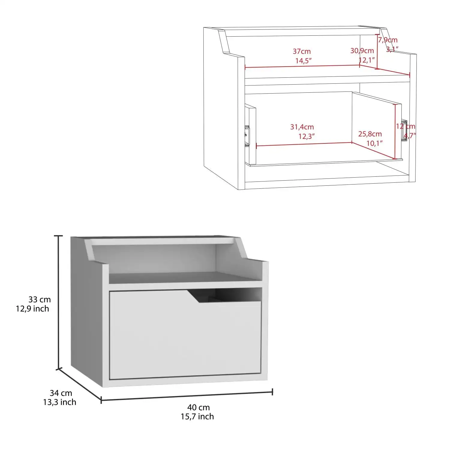 Busan Modern Floating Nightstand, Single-Drawer Design with Sleek Two-Tiered Top Shelf Surfaces White