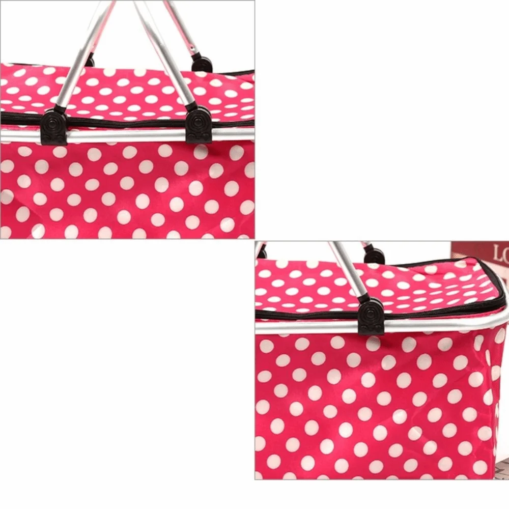 Satin Fabric Insulated Picnic Basket Insulated Lining Zipper Closure Picnic Cooler Basket Polka Dot Pattern Portable Handles