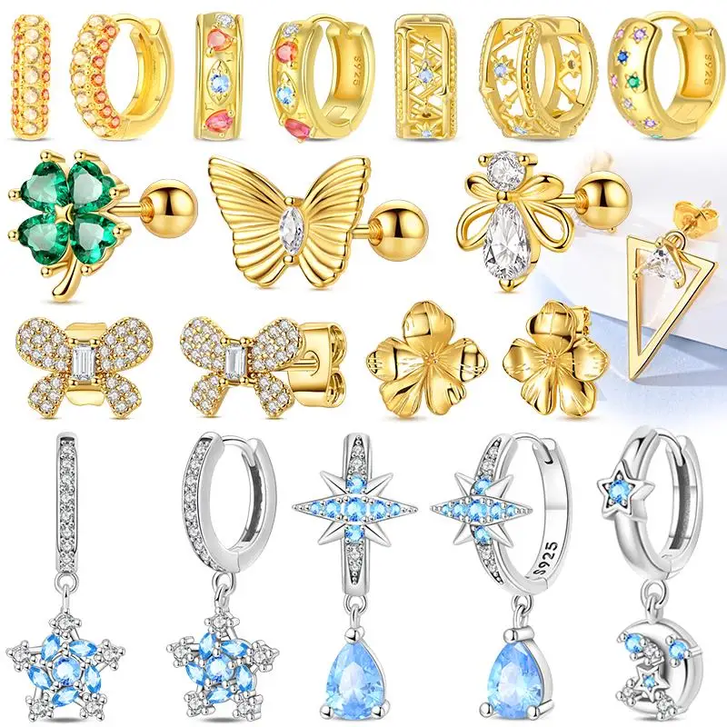 Heiße Ohrringe aus 925er-Sterlingsilber, schlicht, gedreht, rund, Stern und Mond, modischer Zirkon, Hochzeit, Damenschmuck