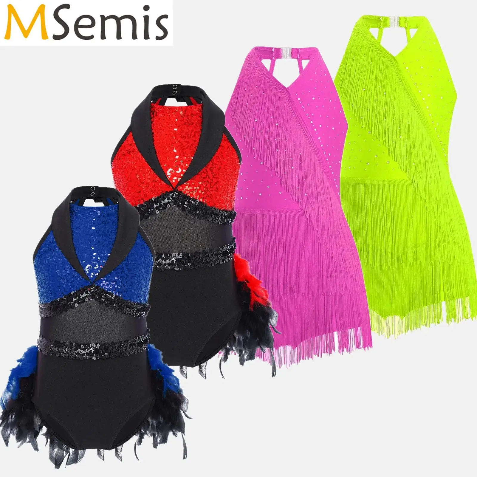 

Kids Girls Gymnastics Jazz Latin Dance Dress Performance Costume Sheer Mesh Shiny Sequins Ballet Tutu Feather Leotard Dancewear