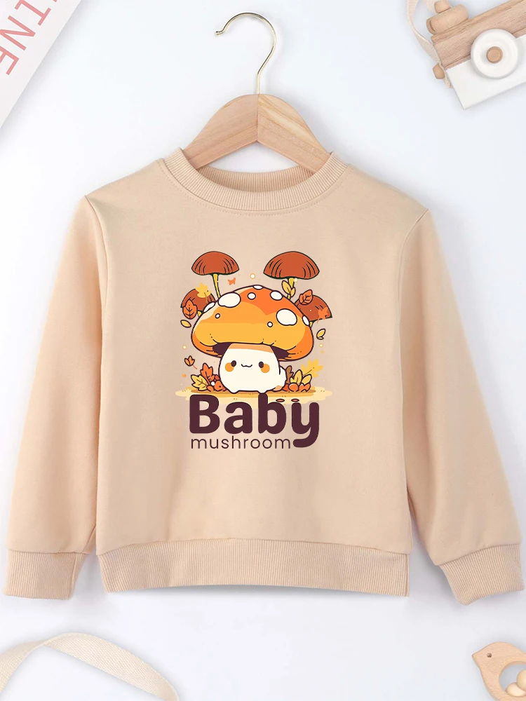 Kawaii Harajuku Khaki Unisex Kids Hoodies Baby Mushroom Pattern Cartoon Cute Boy Girl Clothes 2 to 14 Years Sweatshirt Cheap