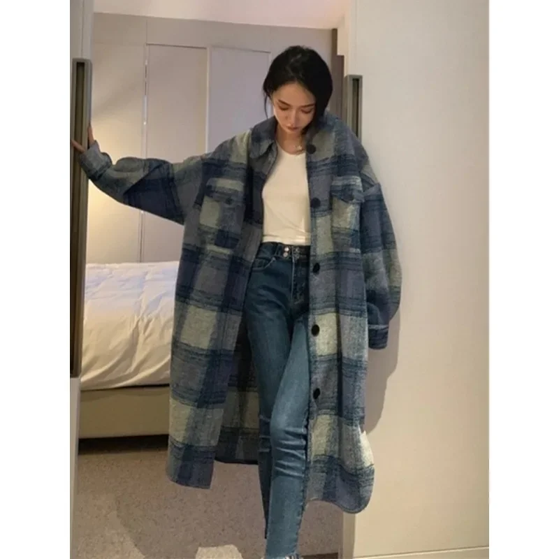 Plaid Single Tops Korean Outerwear Female Overcoat Fashion 2023 Spring Winter Women Loose Long Woolen CoatsVintage Loose Coat