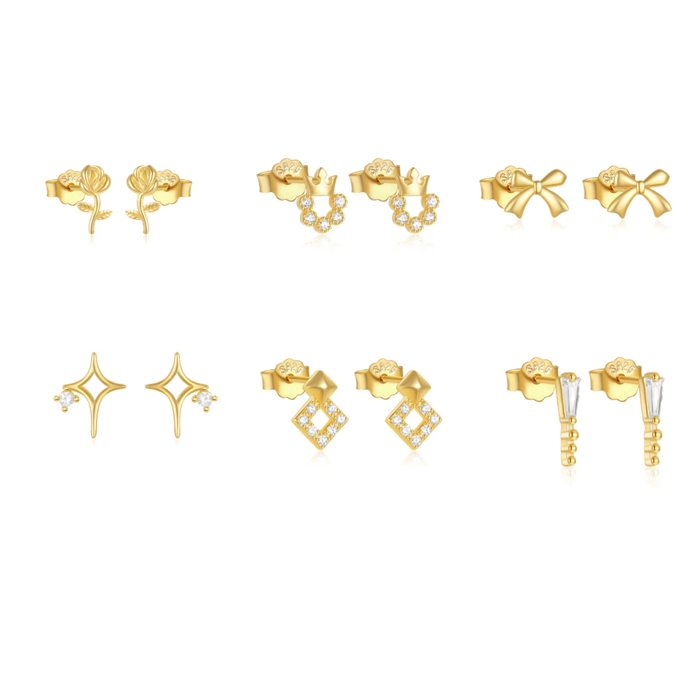 CANNER 925 Sterling Silver Earring For Women zircon Rose Bow knot Star 18K Gold plated Versatile Stud Earrings charm Jewelry