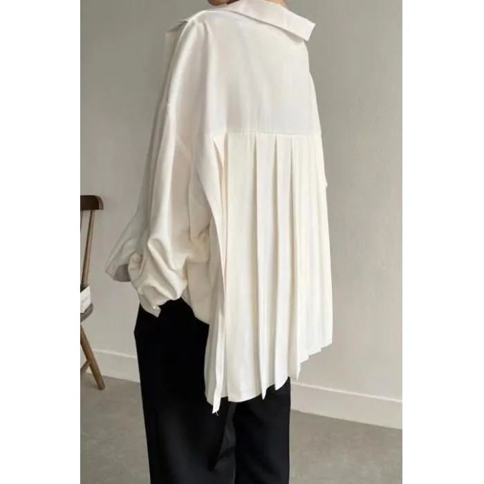 Loose Long Sleeve Women's Shirt Autumn Design Back Pleated Folded Collar Casual Fashion Female Top Open Cardigan Style