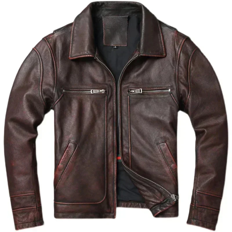 Men Cowhide Coat Vintage Leather Jacket Genuine Clothes 's Winter Motorcycle Biker s