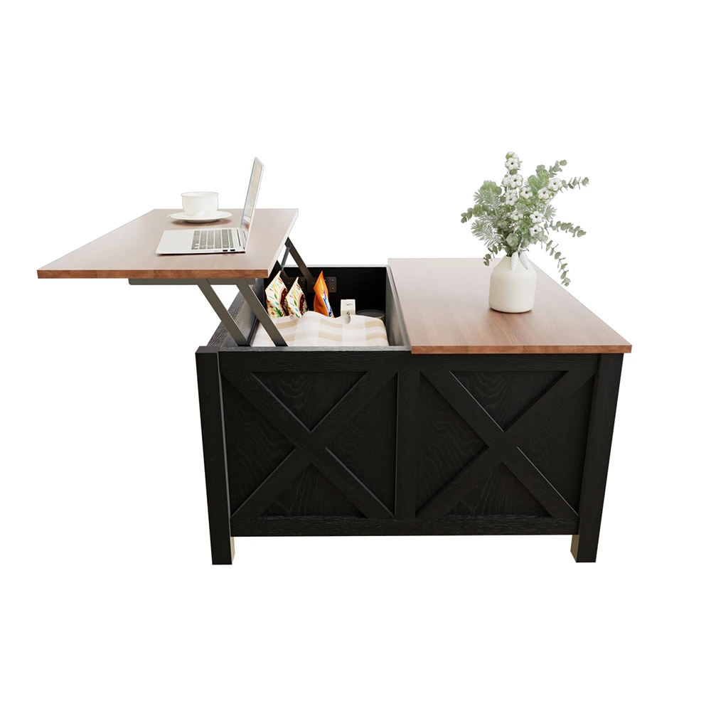 Tavolino da caffè quadrato in legno con piano sollevabile, ampio scomparto portaoggetti invisibile, ripiano regolabile, nero marrone, per soggiorno, ufficio
