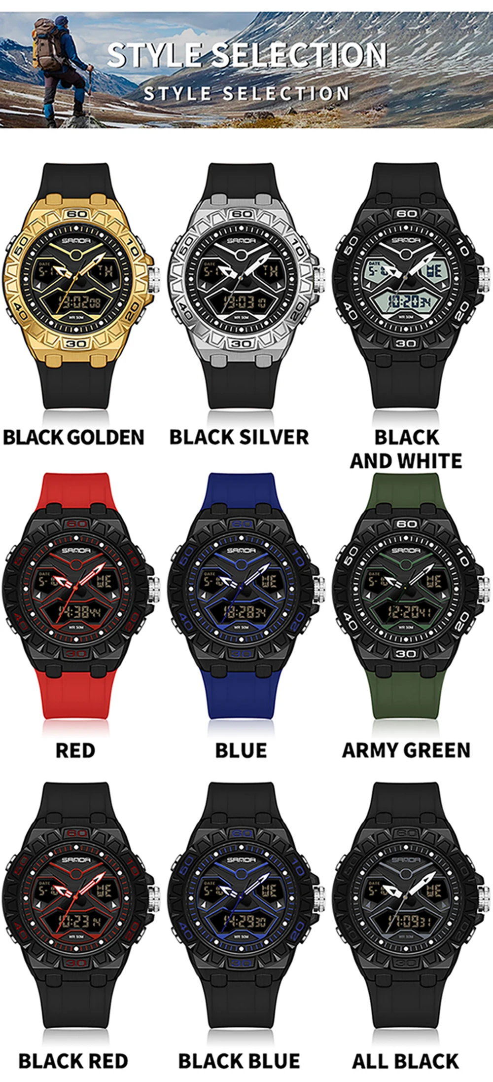 SANDA جديد 3198 ساعة إلكترونية للرجال النسخة الكورية شاشة مزدوجة رياضية متعددة الوظائف مقاوم للماء ساعة إلكترونية للرجال 2025