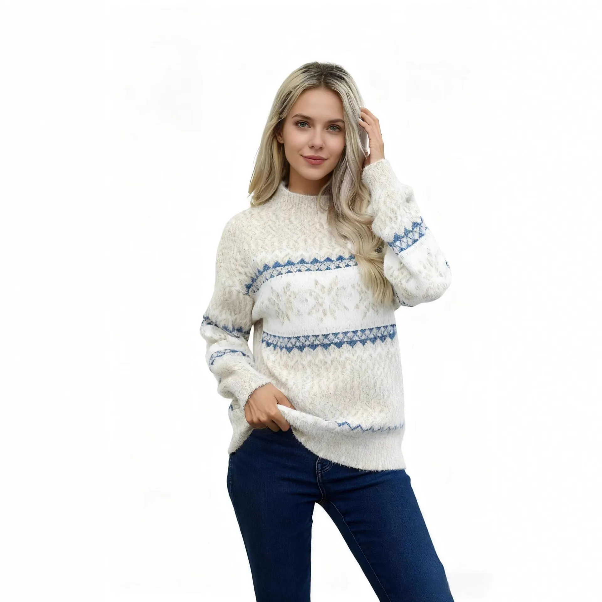 Style Pullover Sweater Regular Fit Streetwear with Long Sleeve Casual Turtleneck Single Heat Set Jacquard Autumn Women Sweater