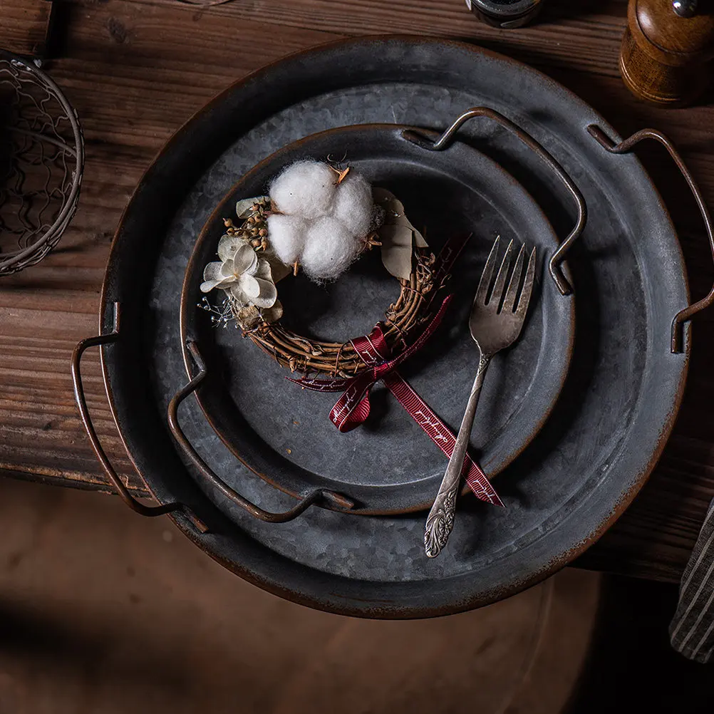 

1 шт. Железный поднос для хранения в скандинавском стиле, старинный кованый черный круглый поднос для украшений, настольный органайзер для кухни и чайного столика