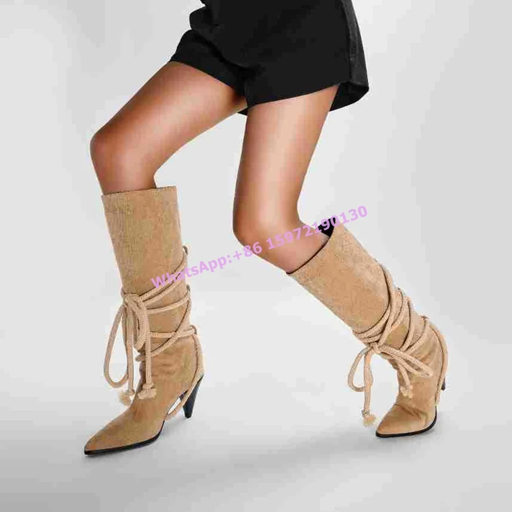 

Rope Lace Up Hoof Heels Boots Suede Apricot Pointy Toe Retro French Style Women's Knee High Boots Modern Leisure Runway Shoes