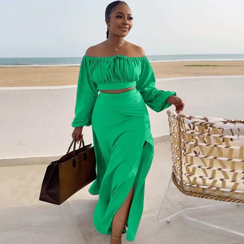 

Autumn Long Sleeve Maxi Dress Sets Womens 2 Piece Outfit Set Slash Neck Off the Shoulder Crop Top and Long Skirt Matching Sets
