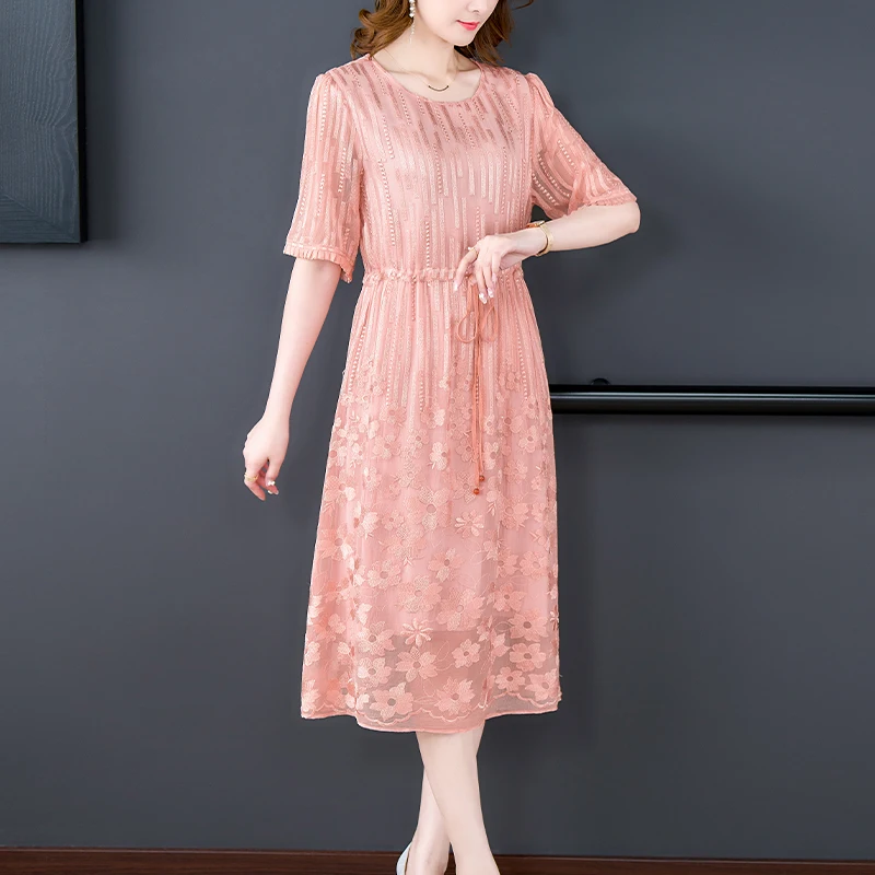 Pink Embroidered Korean O Neck Short Sleeve Summer Dress Women's  Embroidered Dress Elegant Simple Slim Casual Vestidos 2022 New - AliExpress  200000345