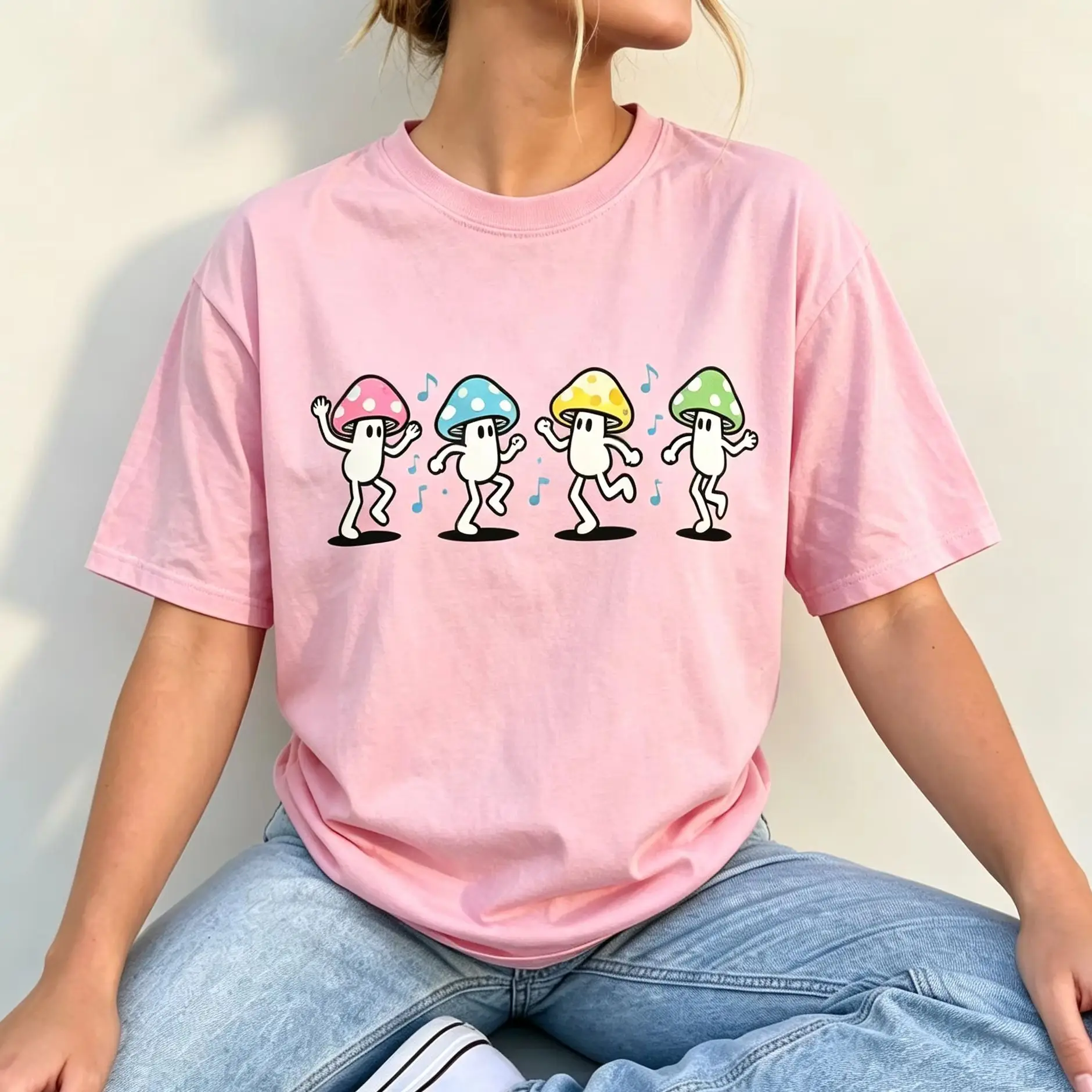 Women's Dancing Colorful Mushroom Characters Graphic T-Shirt Cute Music Note Cartoon Casual Short Sleeve Tee