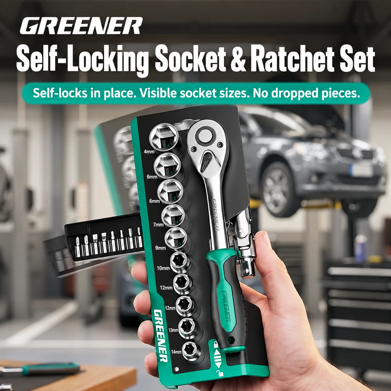 GREENER 72-Tooth Ratchet Socket Set, Self-Locking Visible Rack with Pull-Out Bit Tray, 1/4in 26PCS or 1/2in 24PCS