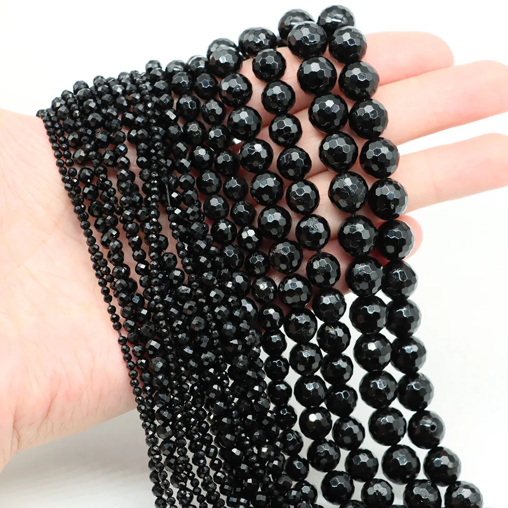 Natural Black Tourmaline 2mm 3mm 4mm 6mm 8mm 10mm Faceted Round Stone Loose Beads For DIY Bracelets Necklace Jewelry Making