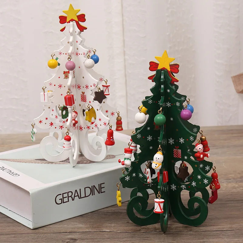 6-Fork Wooden Christmas Hand-Painted DIY 3D Scene Layout Holy Decorations Hanging Ornaments Beads Star Santa Claus Gif Set Box