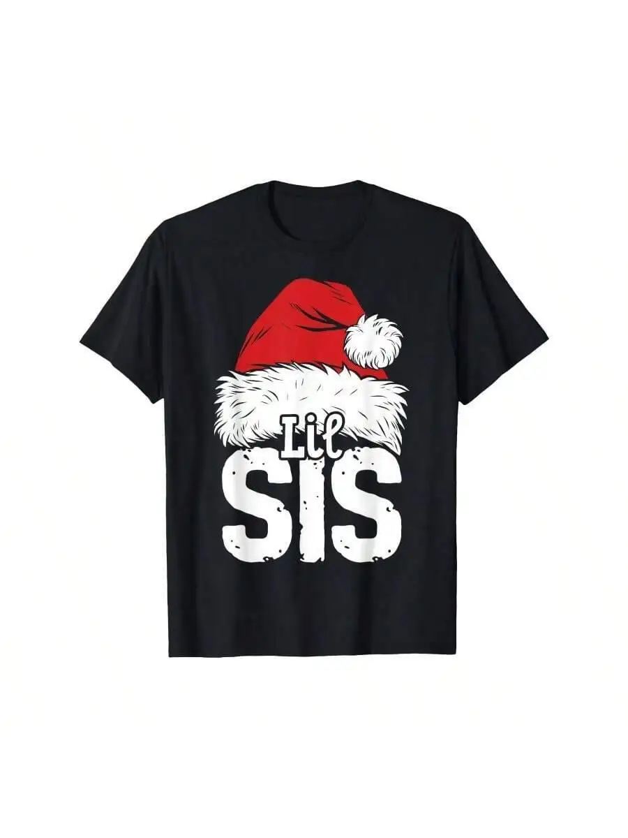 Little Sister Santa Family Matching Pajamas Xmas Men's T-Shirt Personality Print Pattern, Round Neck 100% Cotton Trendy Y2K