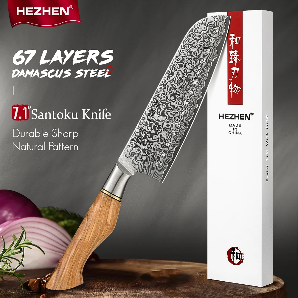 HEZHEN 7,1 Zoll Santoku-Messer, 67-lagiger, superscharfer Damaststahl, hochwertiges Küchenmesser für Fleisch, Fisch, Gemüse, Kochmesser
