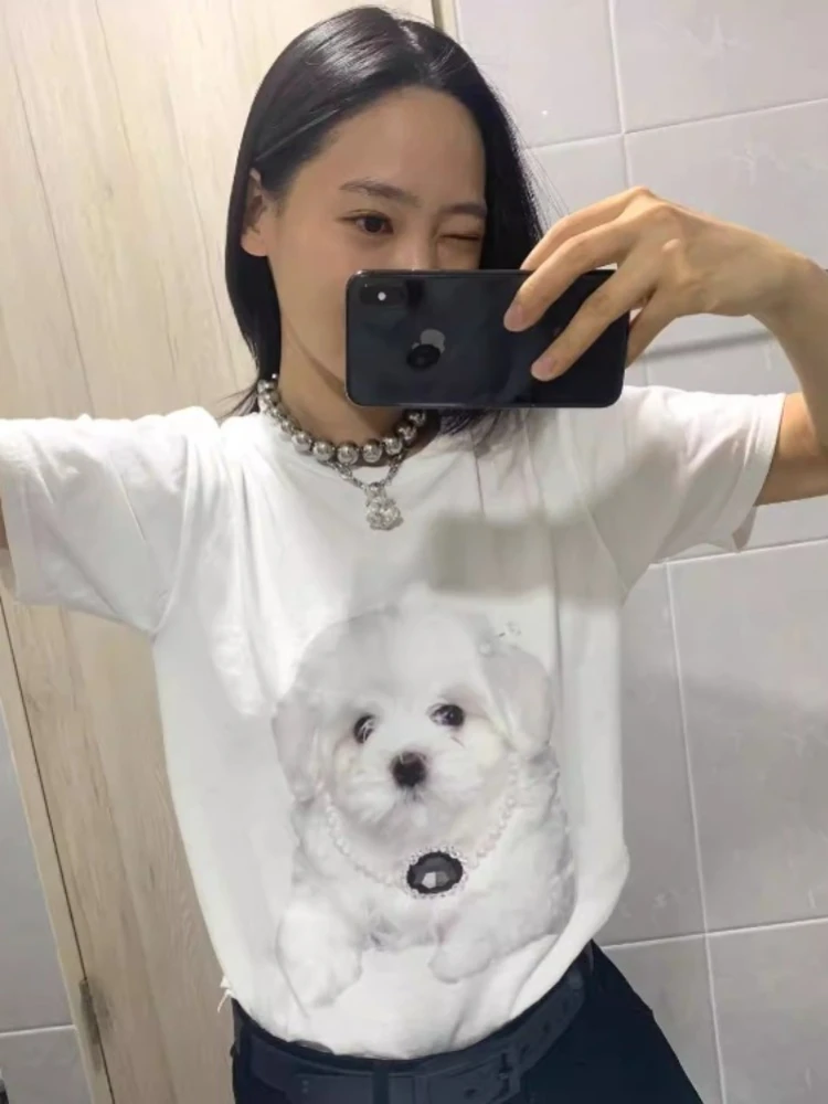 ADAgirl Kawaii Dog Print T-shirts Women Funny Graphic White Tees Short Sleeve Top Korean Fashion Casual Aesthetic Cotton Clothes