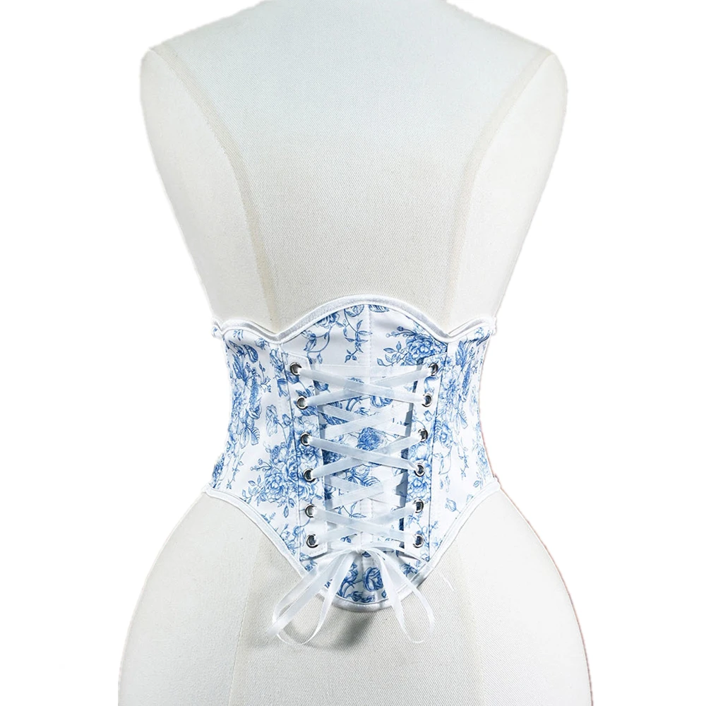 women-blue-printed-underbust-corset-top-fashion-bandage-body-shaper-korsett-bodice-vintage-lace-up-waist-cincher-bustiers-belt