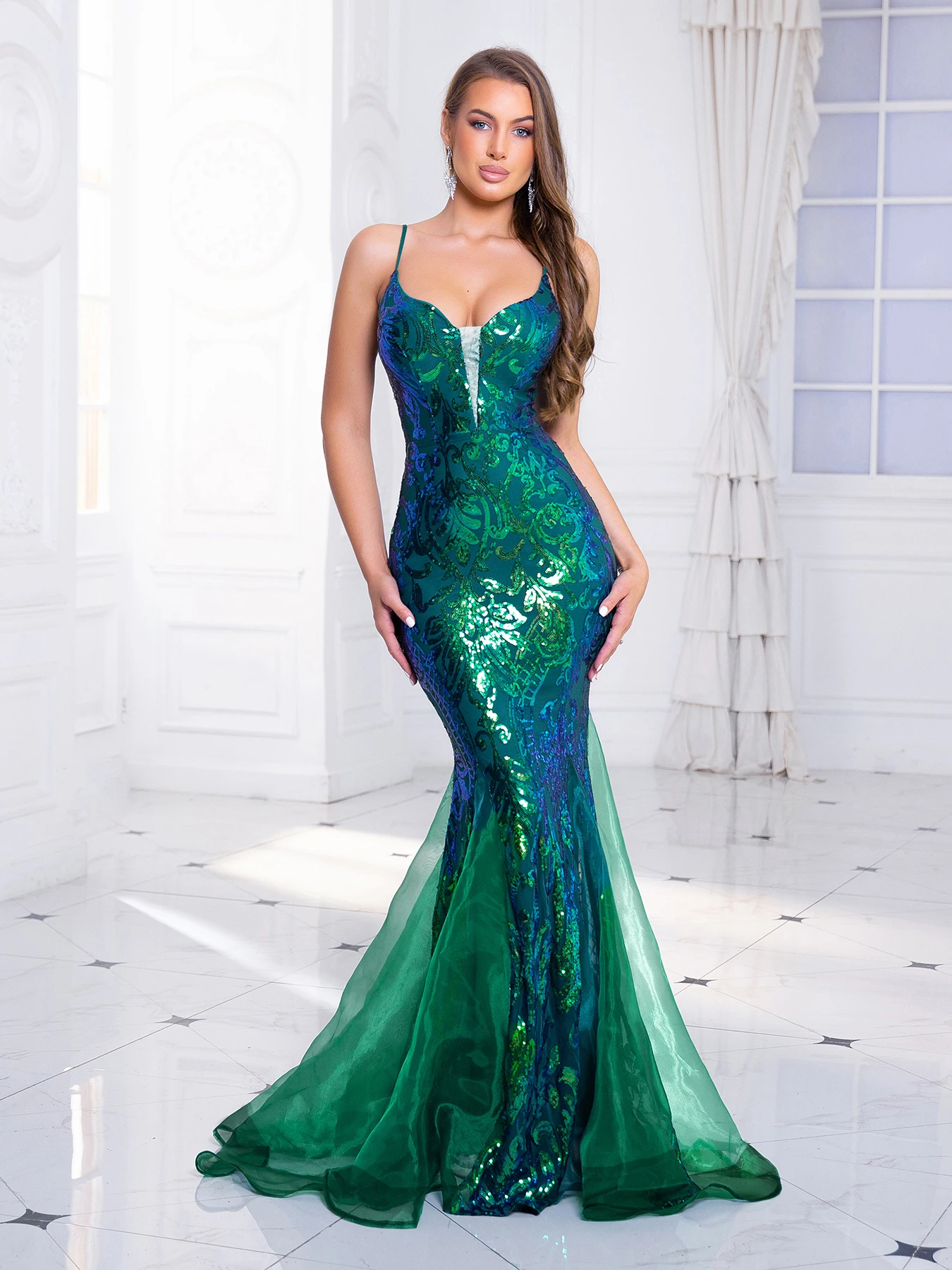 Padded V Neck Stretch Sequined Evening Party Dress Floor Length Mesh Panel Mermaid Sleeveless Backless Formal Bridesmaids Gown