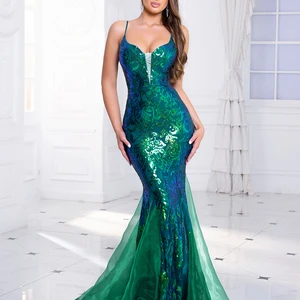 Hülse ohne V -Neckline -Pailletten Meerjungfrau Mermaid Back Hochzeitsfeier Kleid bis zum Bodenkleid im Nachtball gekleidet 8 Hauptverkaufskleid Meerjungfrau Brautjungfer Hochzeit - №3