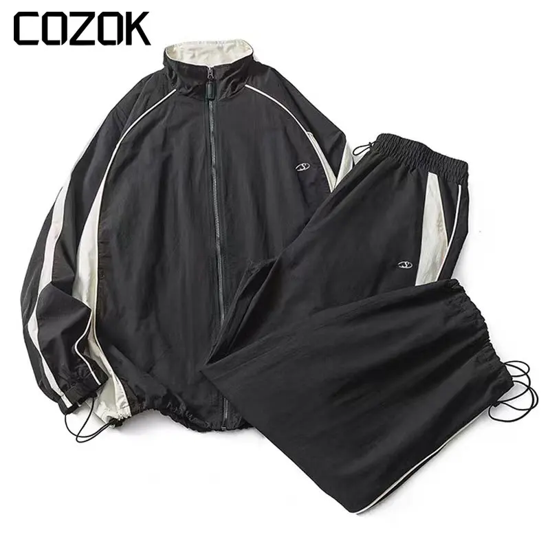 

High Street Casual Sports Jacket Men Women Patchwork Stripe Embroidery Varsity Jacket + Straight Pants Black Thin Fashion Suit