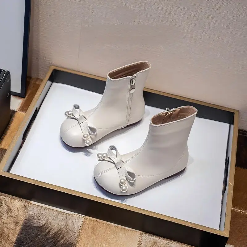 Toddler Girls Princess Style Leather Boots with Bow Detail 2025 New Autumn Winter Kids Ankle Boots Non-slip Simple School Boots