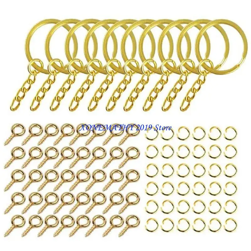 

F42F 220Pcs Split Keyrings with Link Chain Open Jump Rings Screw Eye Pins DIY Jewelry
