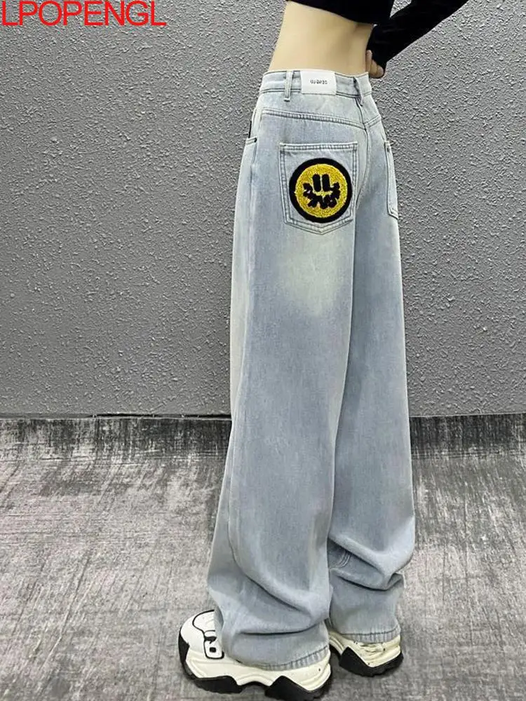 Washed Embroidered Light-colored Jeans For Women Spring Style High-waisted Loose Denim Trousers Straight Wide-leg Pants