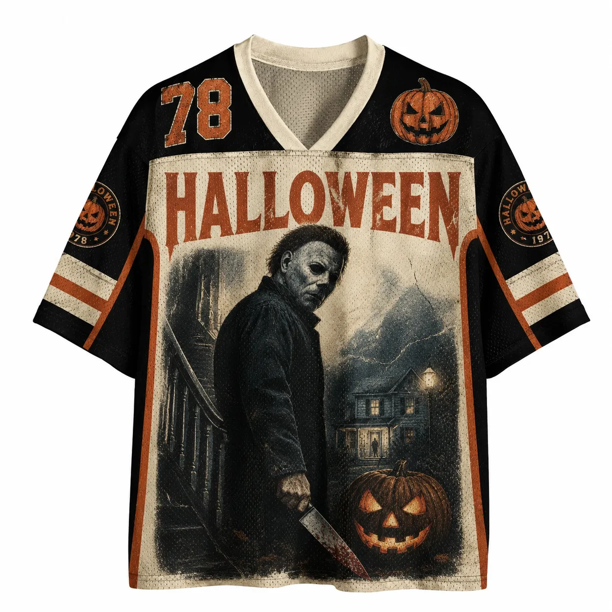 Vintage Halloween Jersey, Jack-o'-lantern Pumpkin Knife Spooky Haunted House Night 3D Print Unisex Streetwear for Trick or Treat