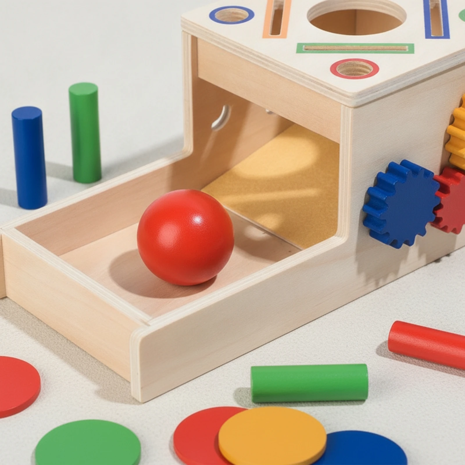 Wooden Token Box Toy Developmental Shape Matching Box with Gears Sensory Toy Multi-Functional Early Learning for Toddlers