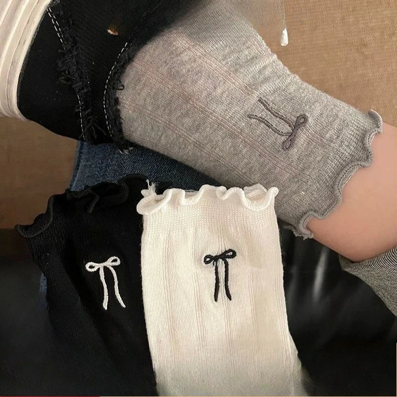 3 Paar Mädchensocken mit Spitzenbesatz, atmungsaktive, gestapelte Socken mit Schleife, Netzsocken in der Mitte der Wade