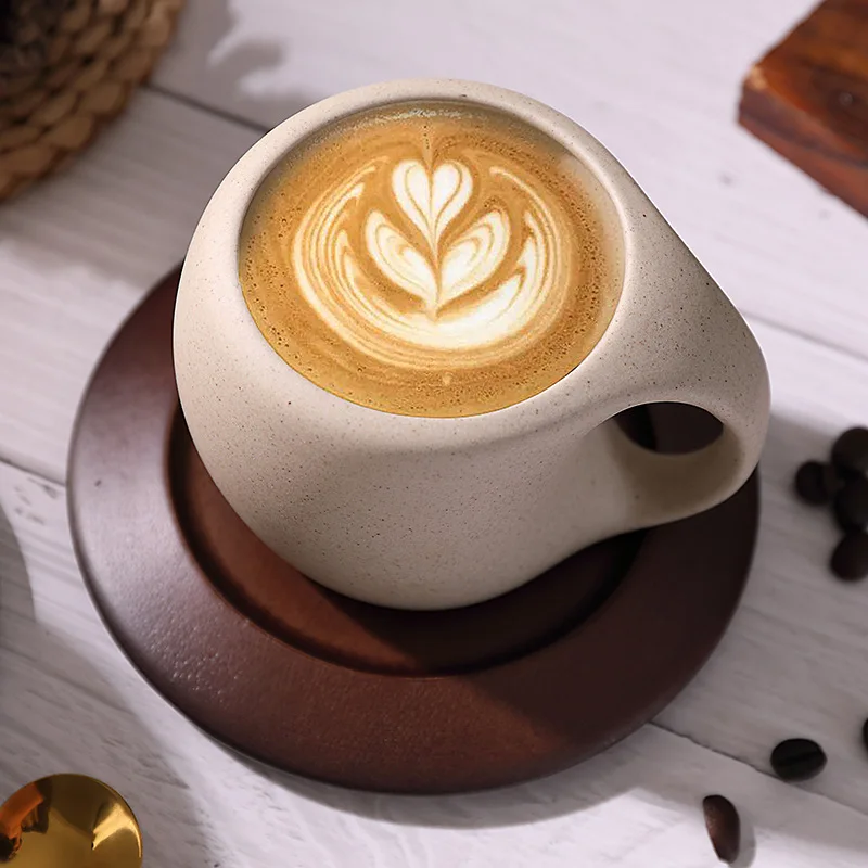 Vintage Coffee Cup and Saucer Set Latte Americano Tea Cup with Wooden Coaster Afternoon Tea Tableware
