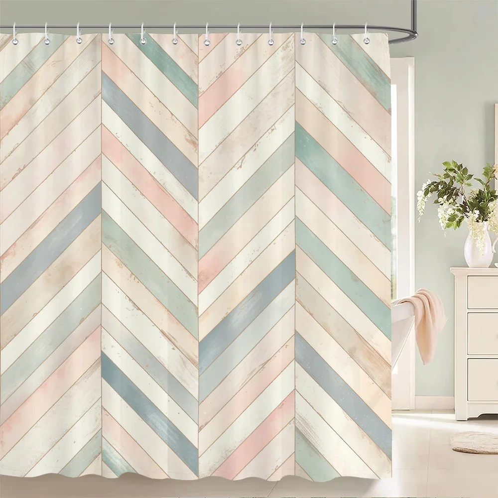 1Pcs Imitation wood grain printed fabric waterproof shower curtain, stripe pattern bathroom decoration curtain, with hooks