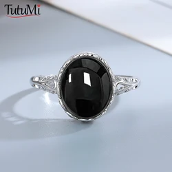 925 Sterling Silver Ring Round 10*12mm Natural Black Agate Moonstone Vintage Ring For Women Gifts Fine Jewelry