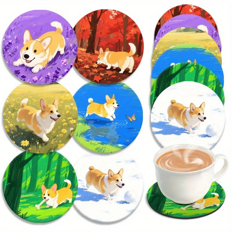 2D Cartoon Corgi Dog Wooden Coaster Lightweight Heat Resistant Non-Slip Coffee Shops Tea Rooms Offices Home Decor 6PCS 10CM