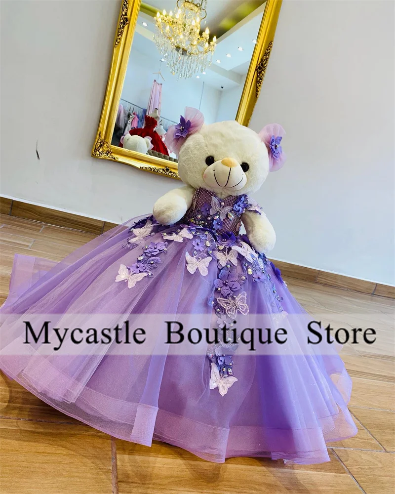 

Purple Tulle Quinceanera Teddy Bear Dress Off The Shoulder With Bow Appliques Mini Quinceanera Dress