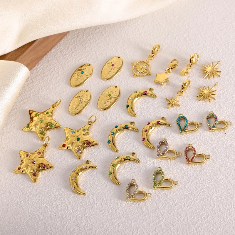 Gold Plated Celestial CZ Charms Stainless Steel Hammered Star Moon Oval Heart Multicolor Zircon Pendants For DIY Jewelry Making