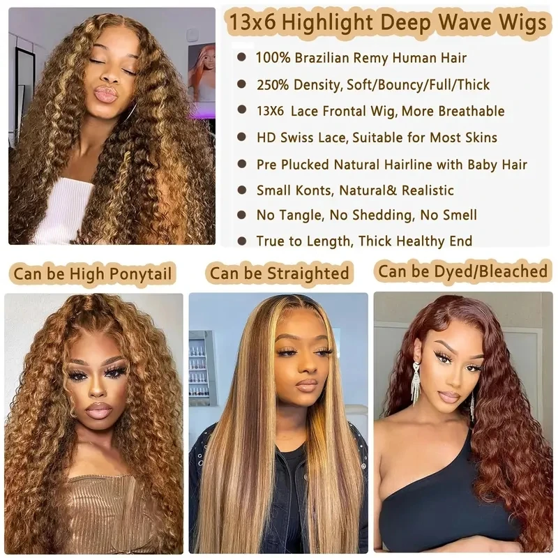 250% Density Curly Highlight 427 Human Hair Wigs Honey Blonde Pre-Plucked 13x6 HD Frontal Lace Deep Wave Ombre Wigs Human Hair