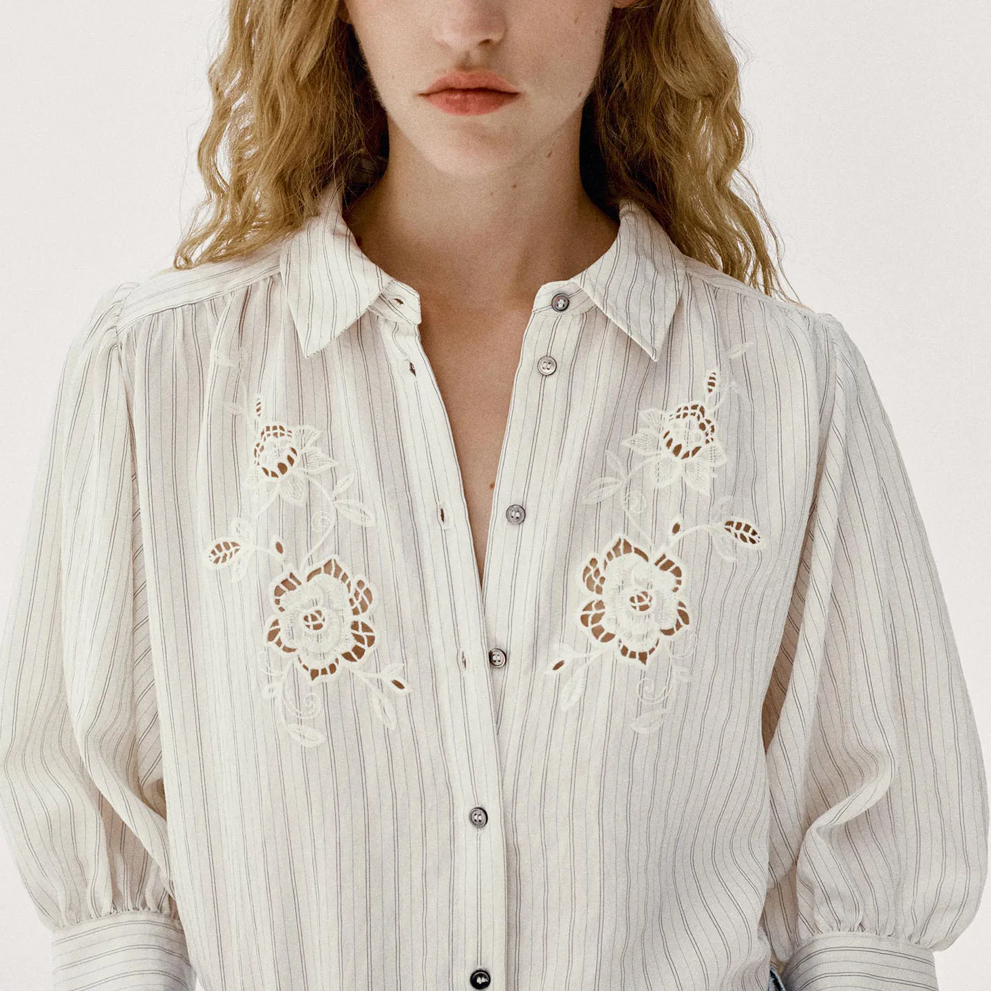 Women's Autumn 2026 New Style Shirt Stripe Embroidery Hollow out Collar Long Sleeve Slim Fit Fashionable Casual Business Top