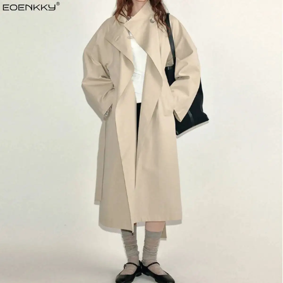 

EOEMKKY Solid-color Stand-up Collar Buttoned Drawstring Design 2025 Spring New Style Women's High-quality Loose Long Coat Jacket