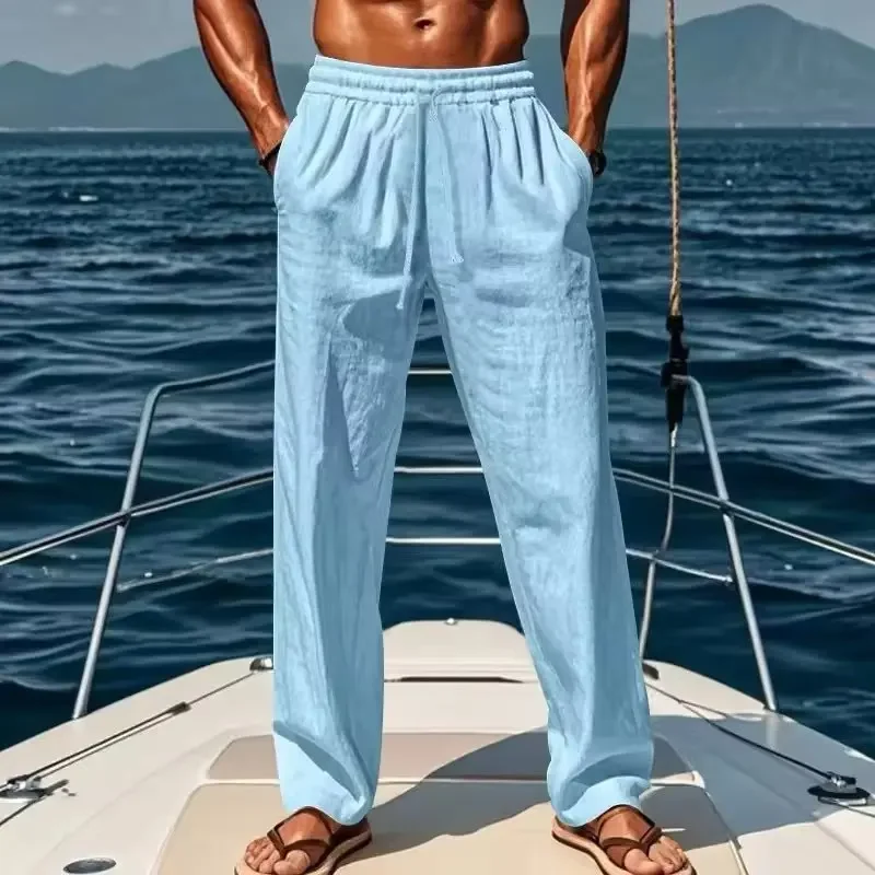 M-4XL Men's Linen Cotton Casual Long Pants with Drawstring Elastic Waist Solid Color Comfortable Loose Fit Trousers for Summer