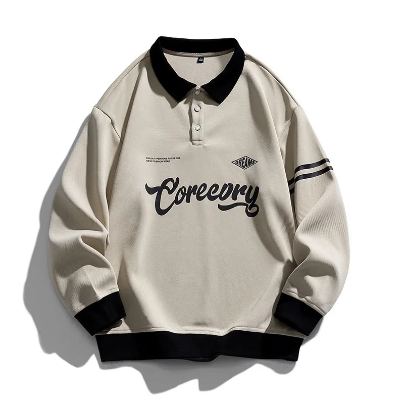 Men\'s Sweatshirts American Vintage Polo Shirt Men Preppy Lapel Couple Pullover Tops Street Color Matching Print Blockcore Jersey