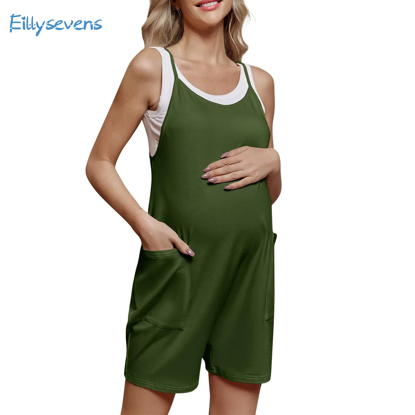 Maternity Shorts Jumpsuits Fashion Casual Spaghetti Strap Solid Color Jumpsuits With Pockets Soft Comfy Straight Jumpsuits