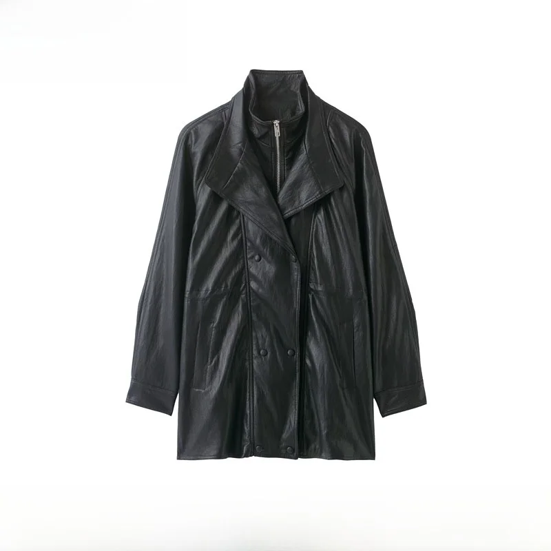 Faionable Pure Color Leather Jaet Women's Autumn Winter New Arrival ZR Sle Individual Personali Cross-Border Coat