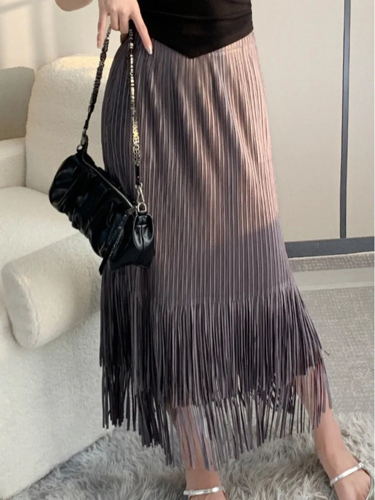 Miyake Pleated Tassel Women's Skirt Solid Color Casual High Waist A-line Long Party Skirts Elegant 2024 Autumn New