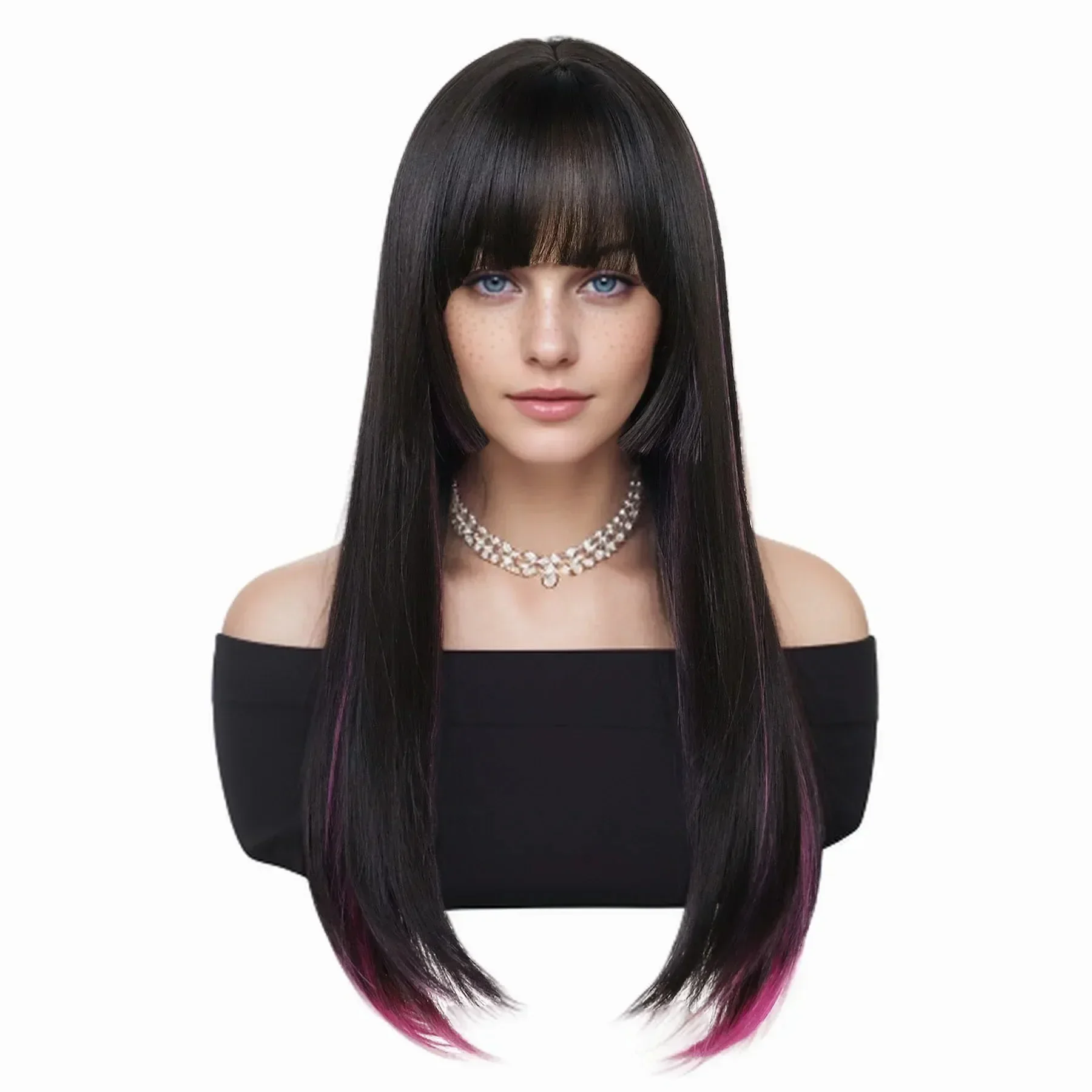 Synthetic Hair Long Straight Wigs with Bangs Natural Wig for Women Casual Styles Wig Brown Blend Wig with Highlights Rose Red