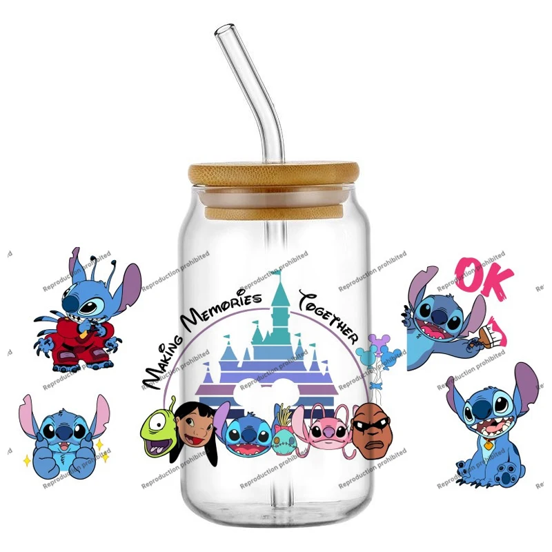 Miniso غرزة الكرتون تصميم عالية الجودة 16 أوقية كوب زجاجي التفاف الأشعة فوق البنفسجية DTF نقل ملصق الشارات شعبية ديكور حديقة المنزل #6